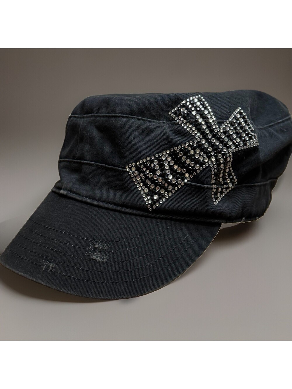 Vintage Y2K h.a Gothic Rhinestone Cross Cadet Hat Black Studded Military Cap